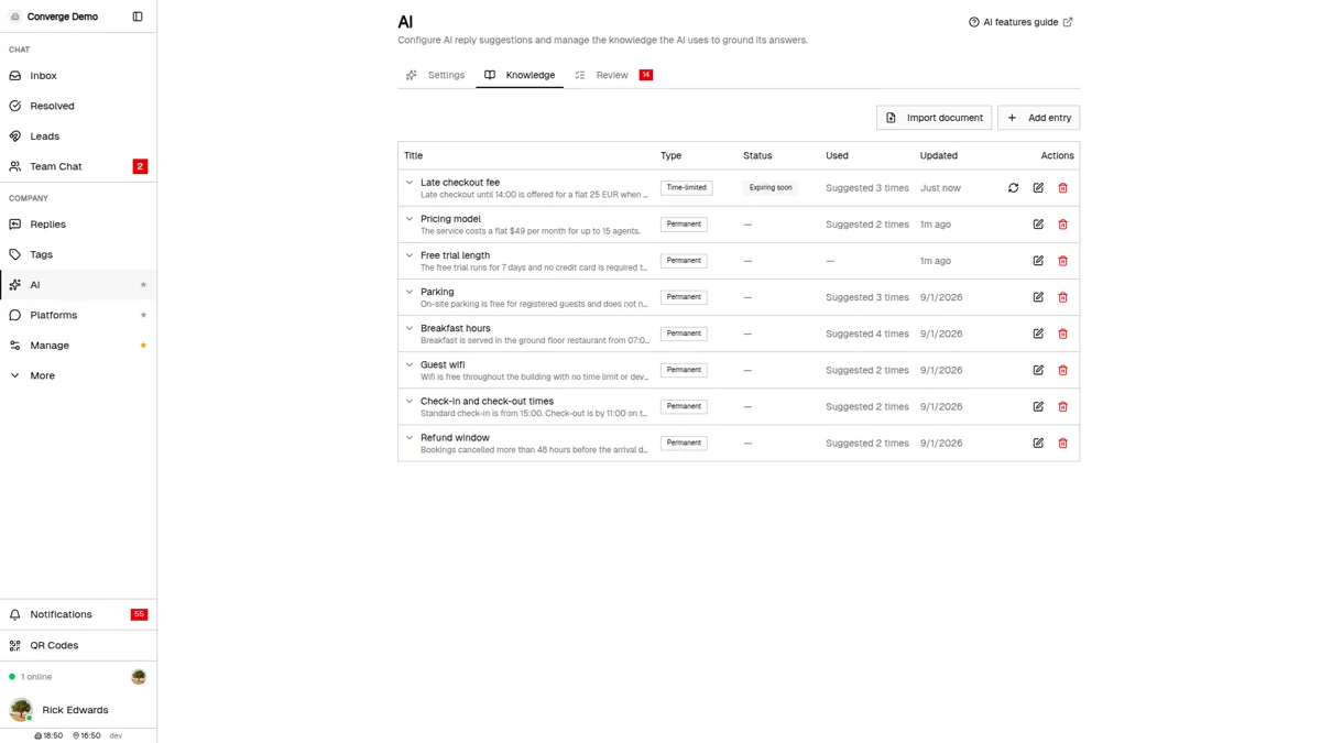 The Knowledge tab listing eight approved facts, each marked Permanent or Time-limited, with one flagged as expiring soon and another showing how many times it has been used to answer a customer
