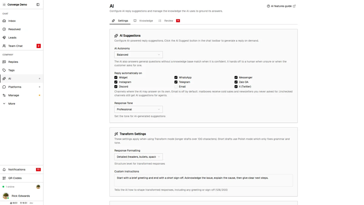 The AI Settings tab with autonomy set to Balanced, the Reply automatically on channel checkboxes below it showing every channel ticked except Email, and the response tone and formatting settings underneath