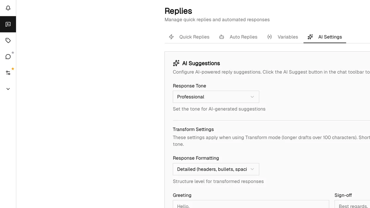 AI Settings tab under Replies showing the tone dropdown set to Professional, formatting toggle, greeting and sign-off text fields, and custom instructions textarea