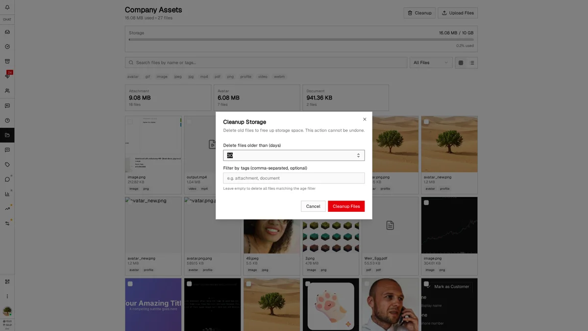 Cleanup Storage dialog with days input, tag filter, and Cleanup Files button