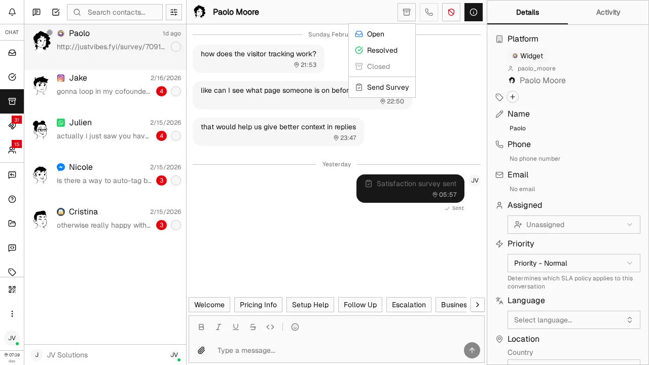 Chat header status dropdown showing Open and Resolved options and the Send Survey button for a resolved conversation