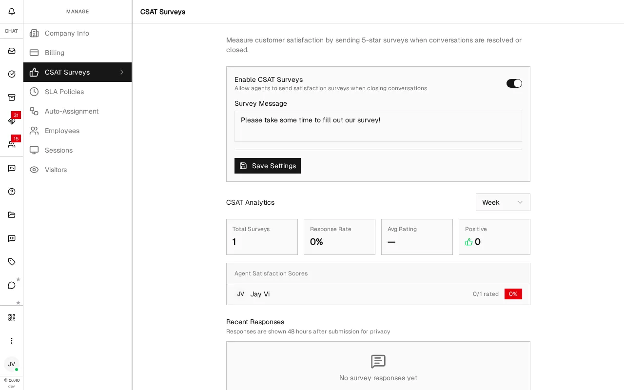 CSAT Settings page showing the enable toggle, custom survey message field, analytics summary, per-agent satisfaction scores, and recent responses section