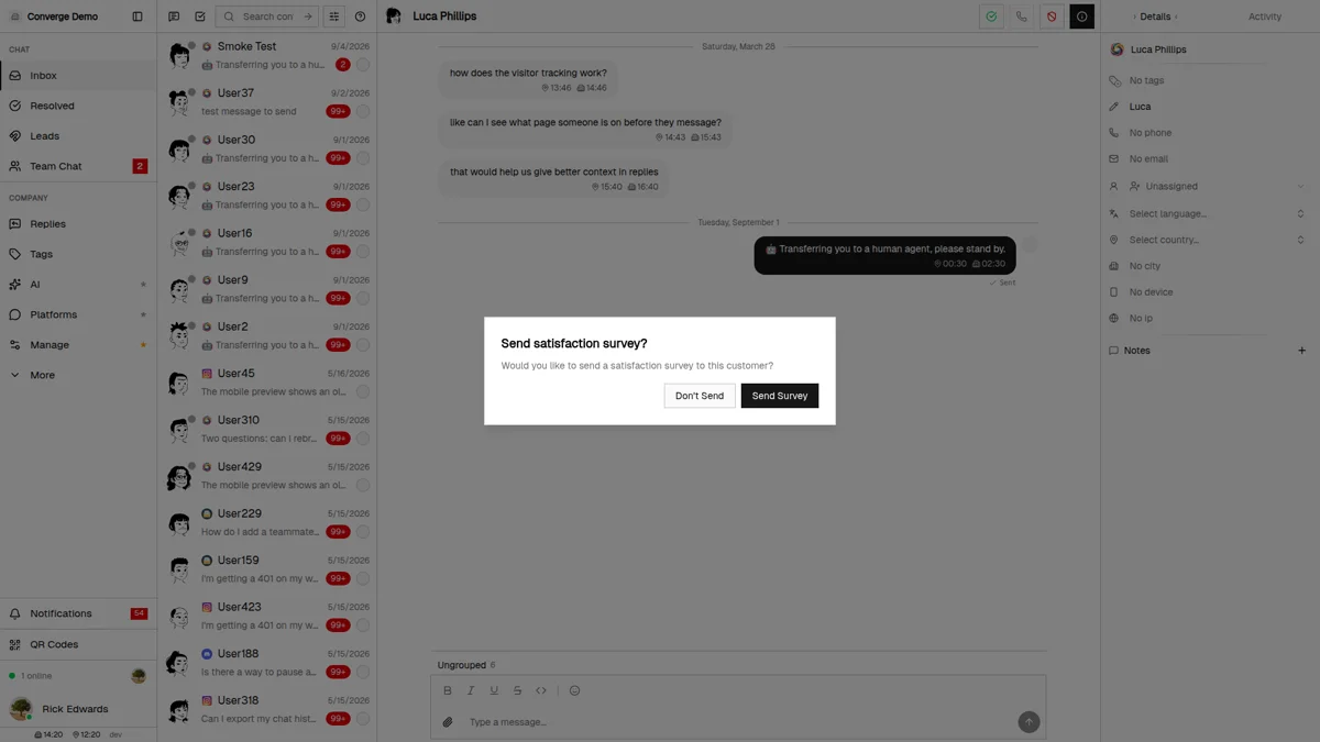 The Send satisfaction survey? confirmation dialog that appears after resolving a conversation, with Don't Send and Send Survey buttons