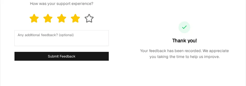 The customer survey experience: rating page with 5 stars and optional comment field, followed by the thank-you confirmation after submitting