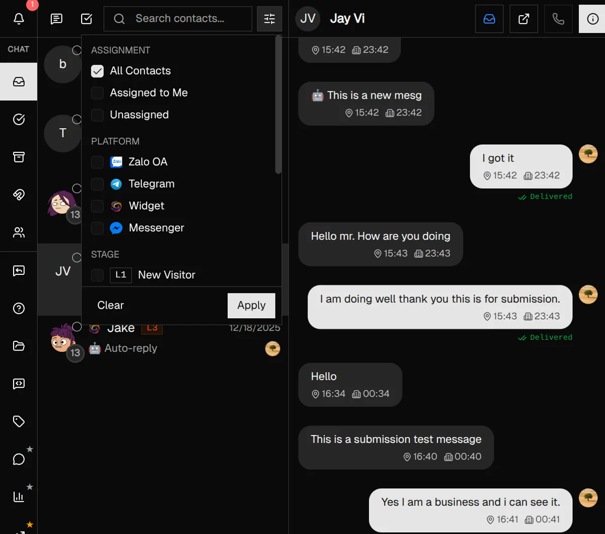 The filter menu showing assignment, platform, stage, and tag filter options with checkboxes