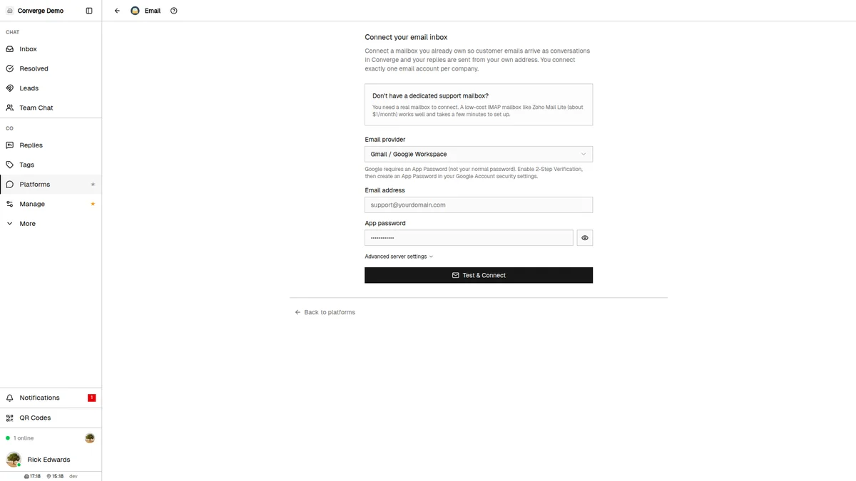 Email IMAP/SMTP connection form in Converge
