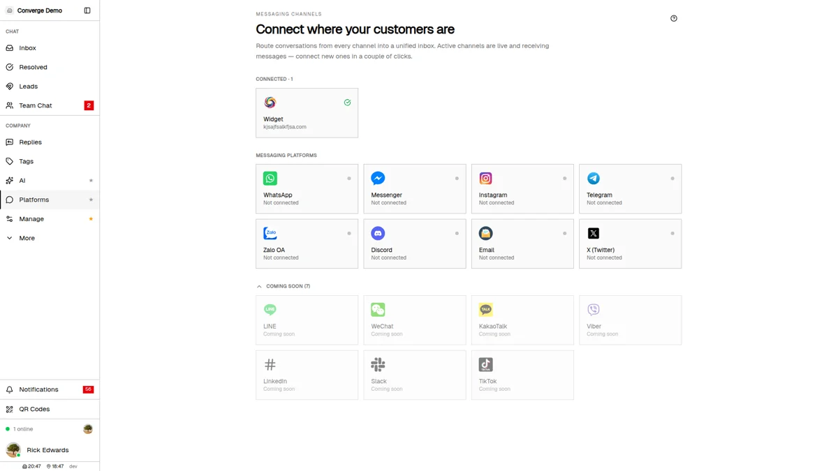 Platforms page showing connected, available, and coming-soon channels