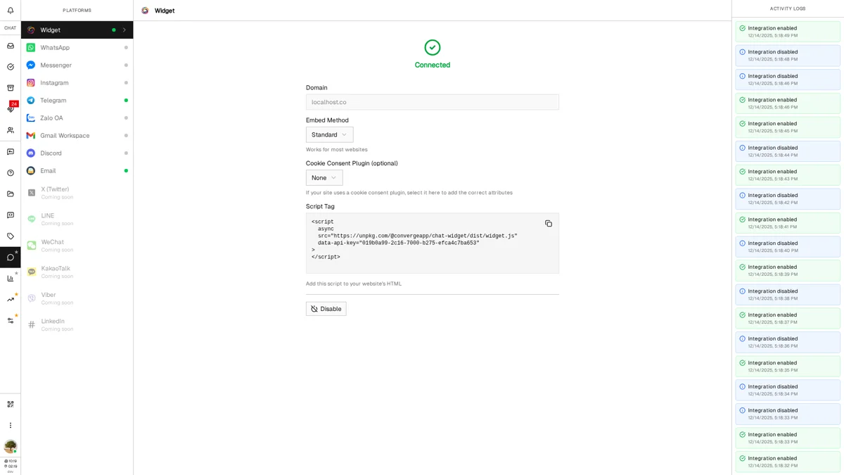 Widget setup screen showing domain input, embed method, script tag with copy button, and activity logs