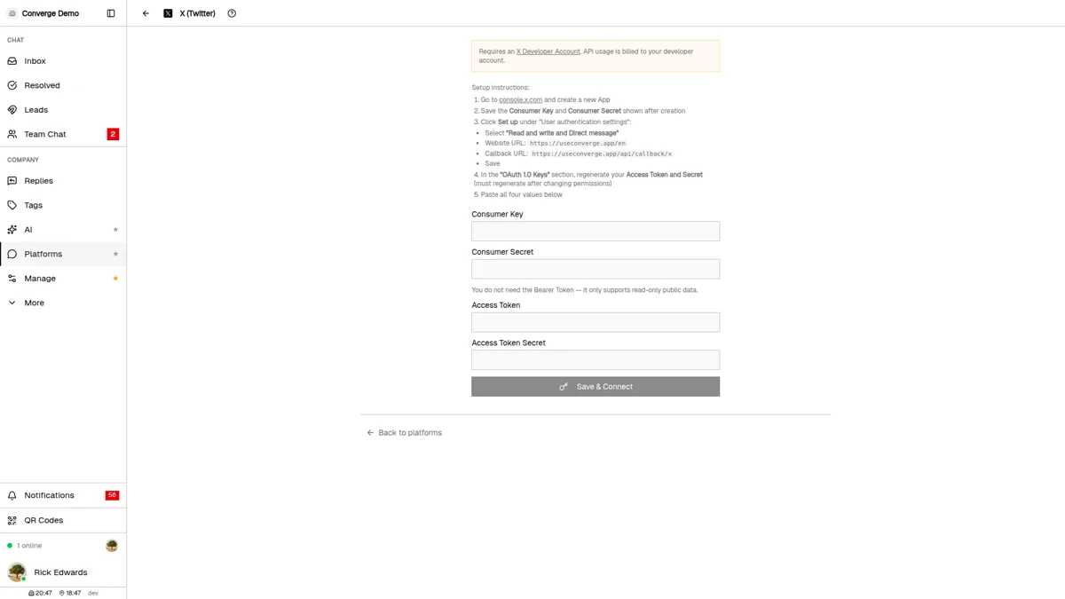 X (Twitter) setup screen with the four credential fields