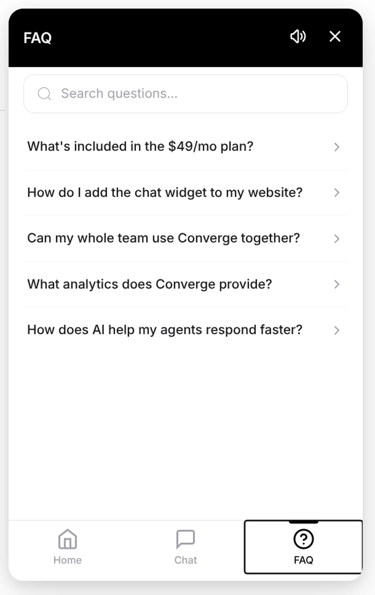 The chat widget FAQ page showing the search bar, a list of questions, and the FAQ tab selected in the bottom navigation