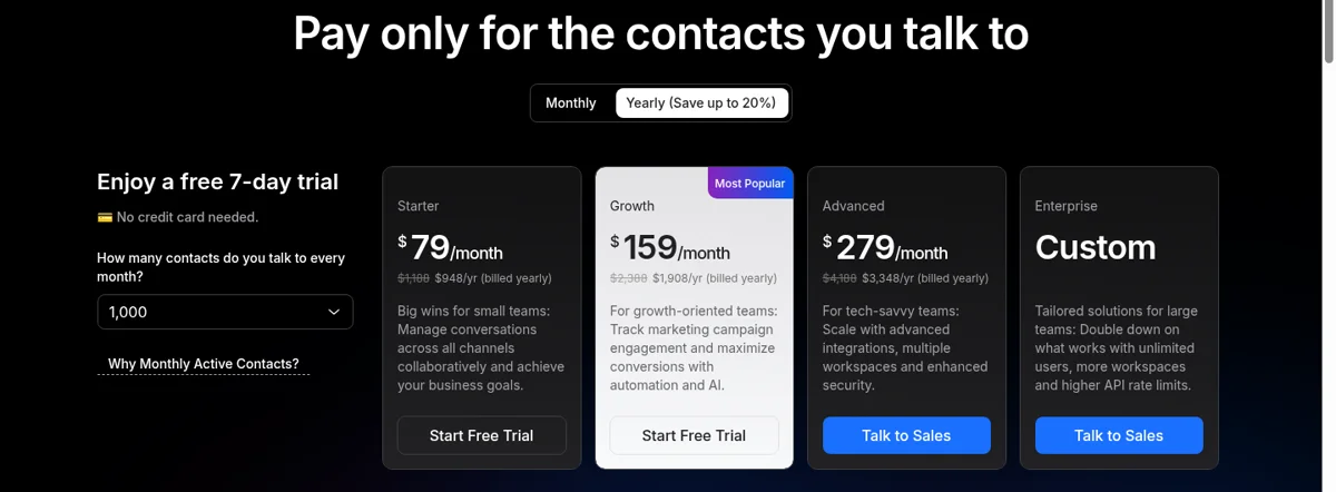 respond.io pricing Usage table: Additional Users at $12/$20/$24 per month, 5/10/10 seats, Monthly Active Contacts starting at 1,000, under the $79/$159/$279 Starter/Growth/Advanced plan columns
