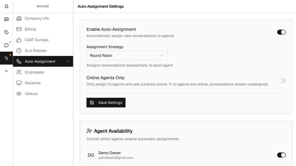 Auto-Assignment settings page showing the enable toggle, strategy dropdown with Round Robin selected, Online Agents Only toggle, agent availability controls, and assignment logs table