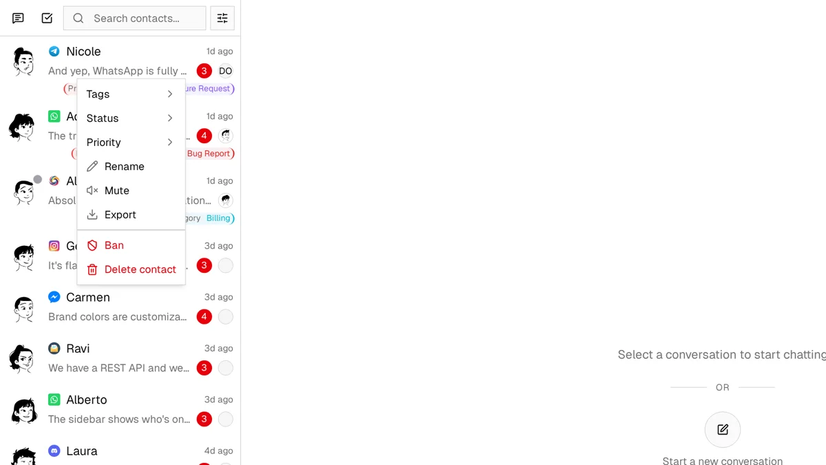 Contact list showing the right-click context menu with Tags, Status, Priority, Rename, Mute, Export, Ban, and Delete options