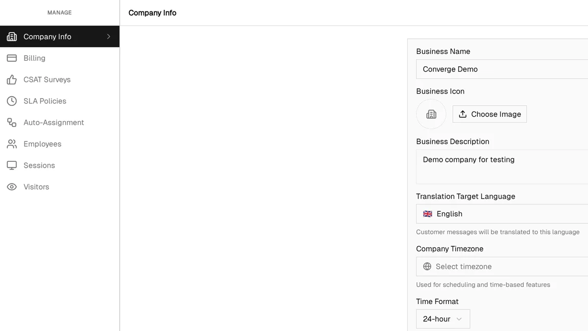 Company Info settings showing timezone dropdown, time format toggle, and working hours start/end time inputs