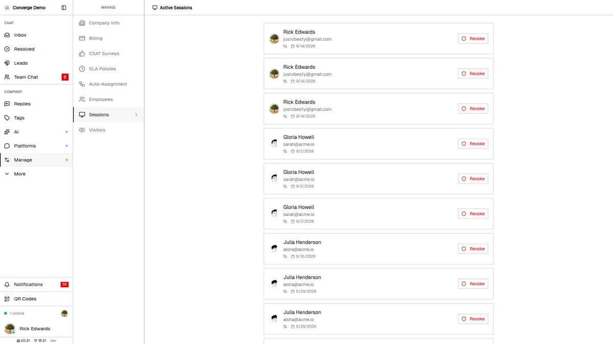 Manage > Sessions showing the Active Sessions list with each team member's name, email, session start date, and a Revoke button