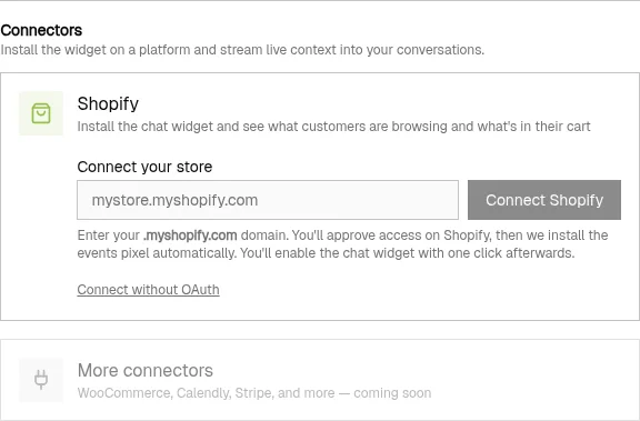 Converge Connectors section showing the Shopify card with the .myshopify.com domain input and the Connect Shopify button