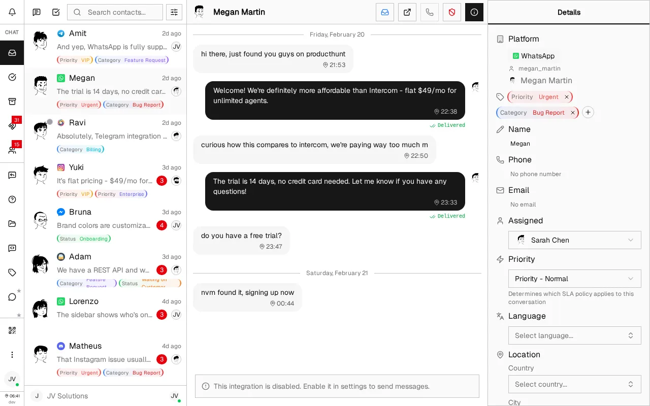 Customer details sidebar showing the priority selector with SLA policy description, assigned agent, and conversation properties