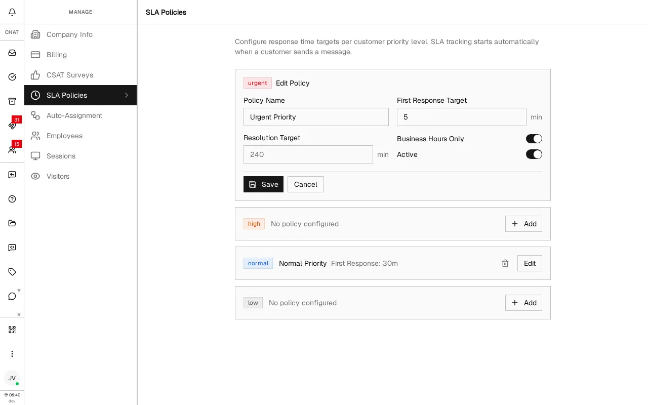 SLA Settings page showing policies grouped by priority with the edit form open, displaying policy name, first response and resolution targets, business hours toggle, and active toggle
