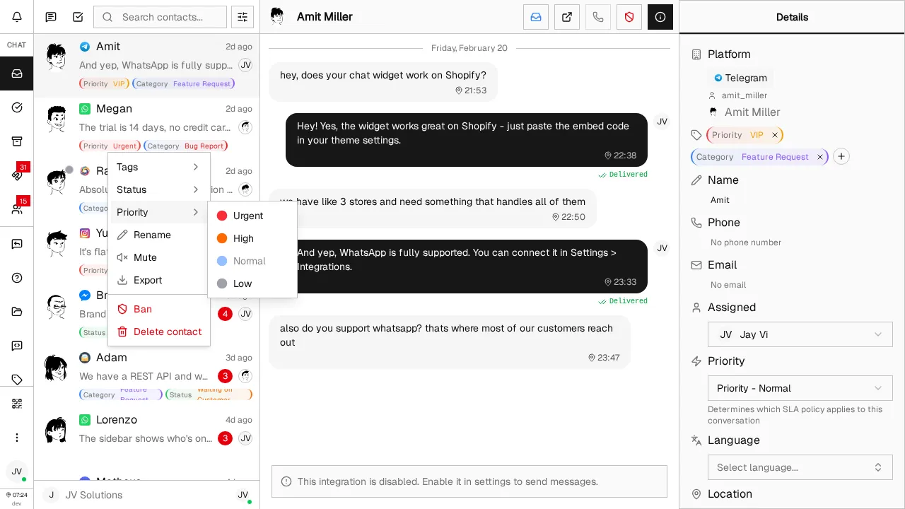 Contact list context menu showing the Priority submenu with Urgent (red), High (orange), Normal (blue), and Low (gray) options