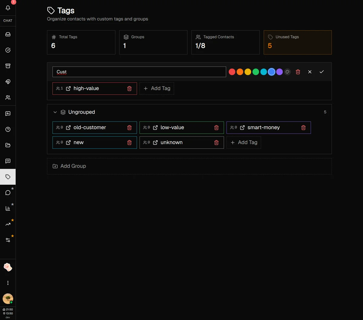 Tag being edited with group dropdown