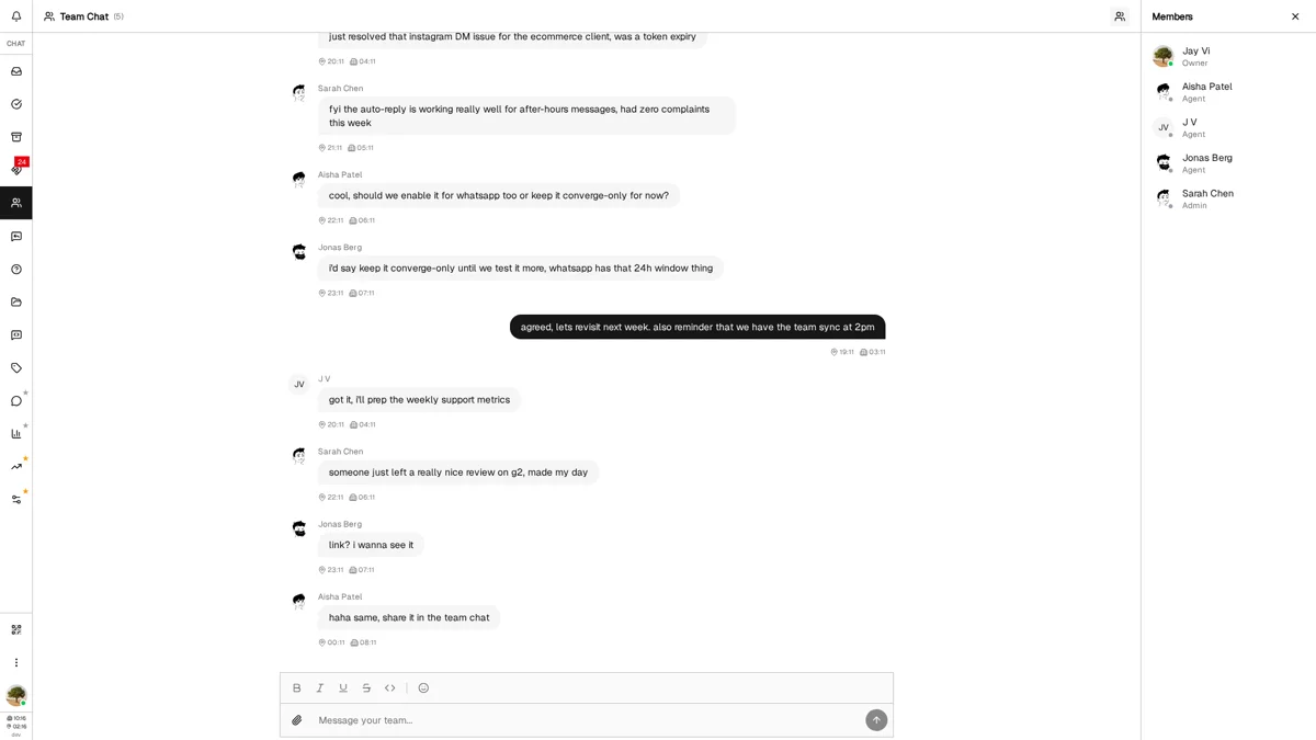 Team member panel showing status dots, avatars, names, and roles
