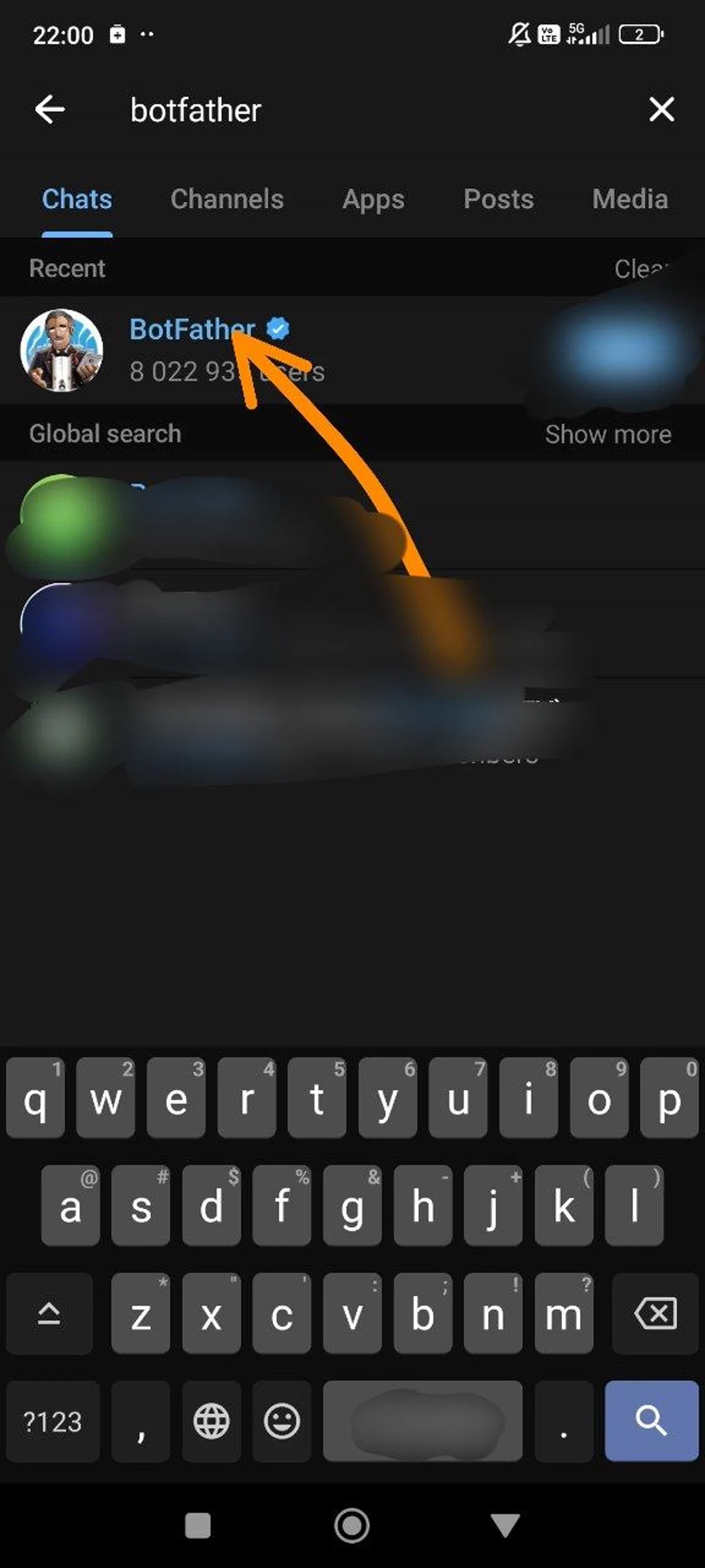 Searching for BotFather in Telegram showing the official bot with blue verification checkmark