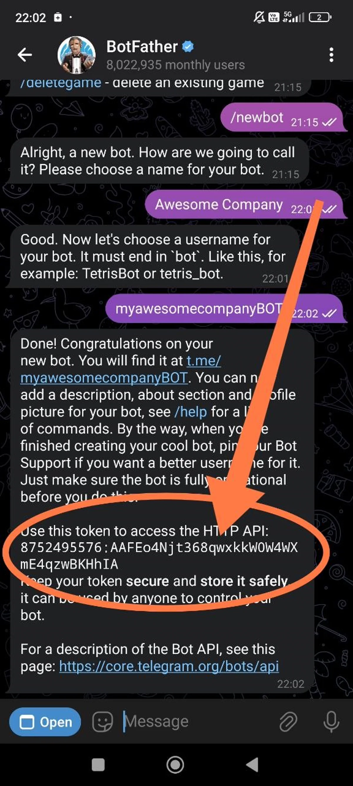 BotFather showing the HTTP API token after creating a new Telegram bot