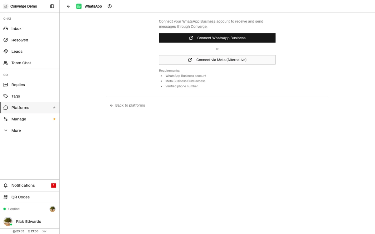 Converge Platforms → WhatsApp connect screen: Connect WhatsApp Business button, Connect via Meta alternative, and the requirements list (WhatsApp Business account, Meta Business Suite access, verified phone number)