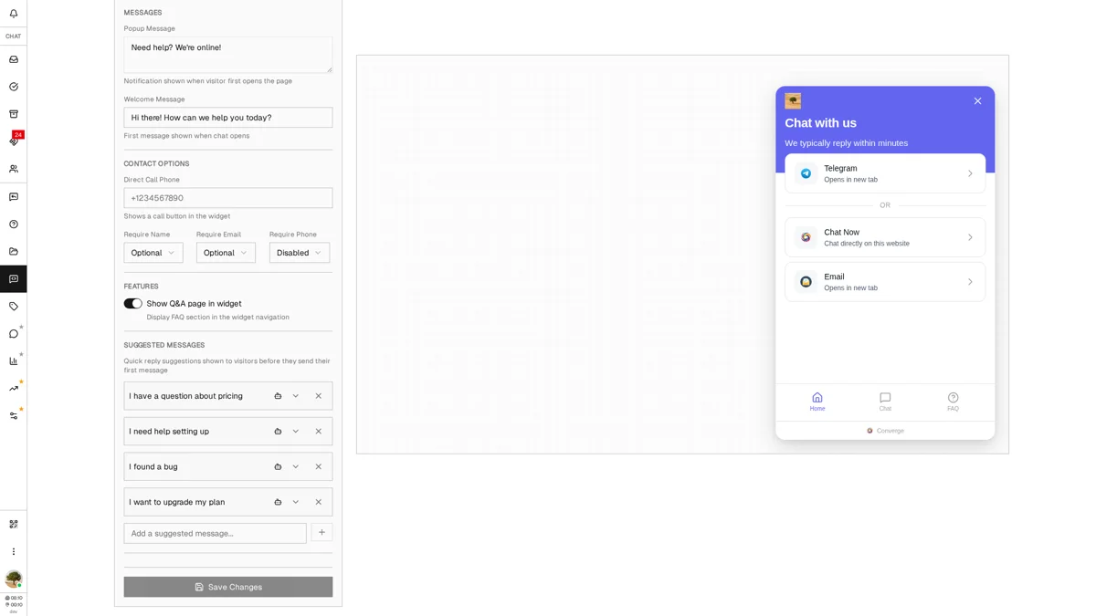 Suggested messages list with delete buttons and input to add new suggestions